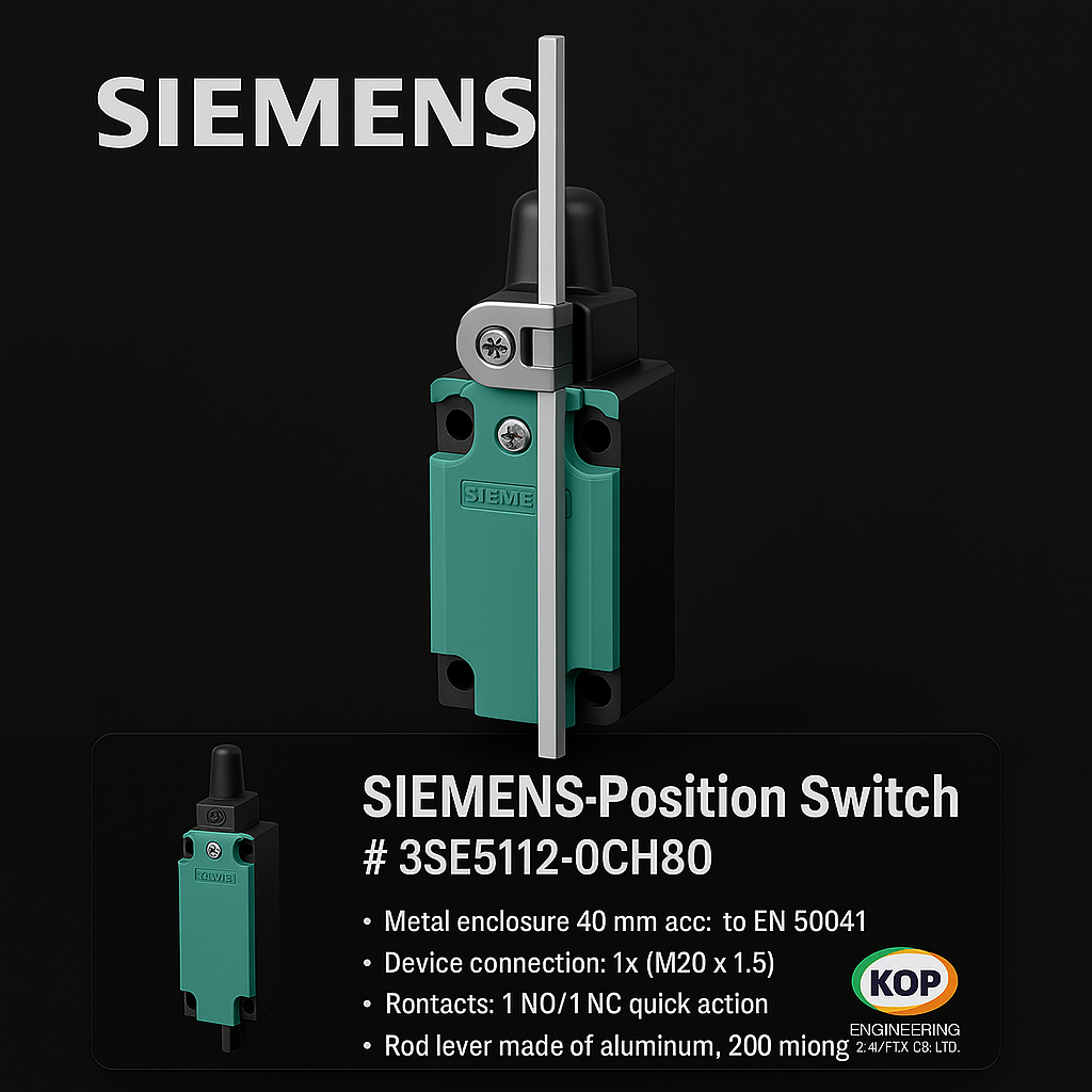 SIEMENS 3SE5112-0CH80 ลิมิตสวิตช์, ตัวเรือนโลหะ 40 มม., คันโยกปรับได้ยาว 200 มม., 1NO/1NC