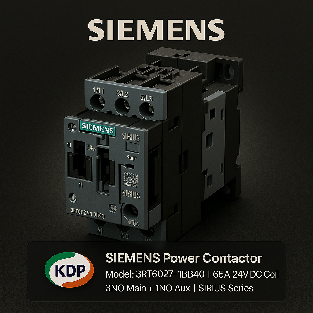 SIEMENS Contactor 3RT6027-1BB40 – คอนแทคเตอร์ 3 เฟส 24V DC 55A สำหรับระบบควบคุมมอเตอร์อุตสาหกรรม