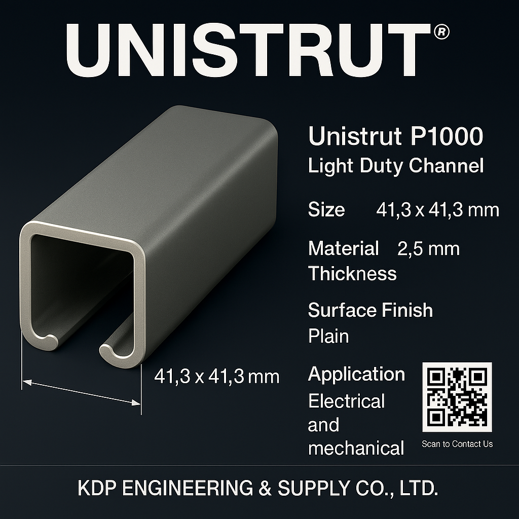 รางยูนิสตรัท Unistrut P1000 | Light Duty Channel ขนาด 41.3x41.3 มม. หนา 2.5 มม. พื้นผิวเรียบ สำหรับงานไฟฟ้าและเครื่องกล