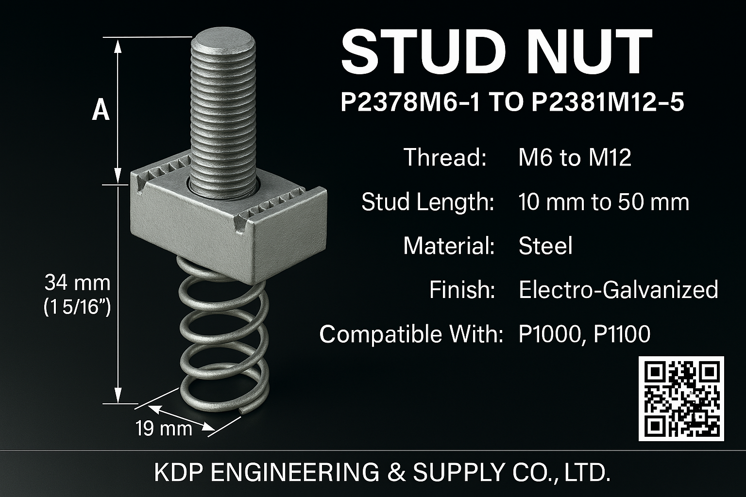 UNISTRUT Stud Nut รุ่น P2378M6-1 ถึง P2381M12-5 | น็อตเกลียวพร้อมสปริงสำหรับรางยูนิสตรัท